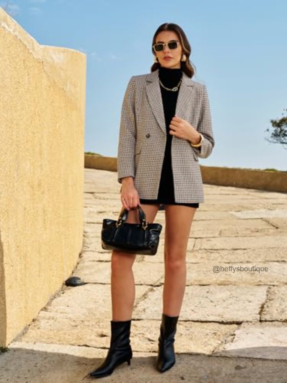 Oversized Plaid Tweed Blazer Fully Lined Notch Lapel Flap Pockets - Picture 5 of 7